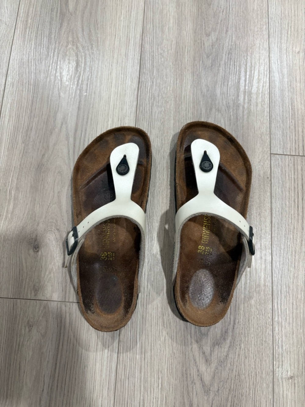 Birkenstock White and Brown Gizeh Thong Sandals
